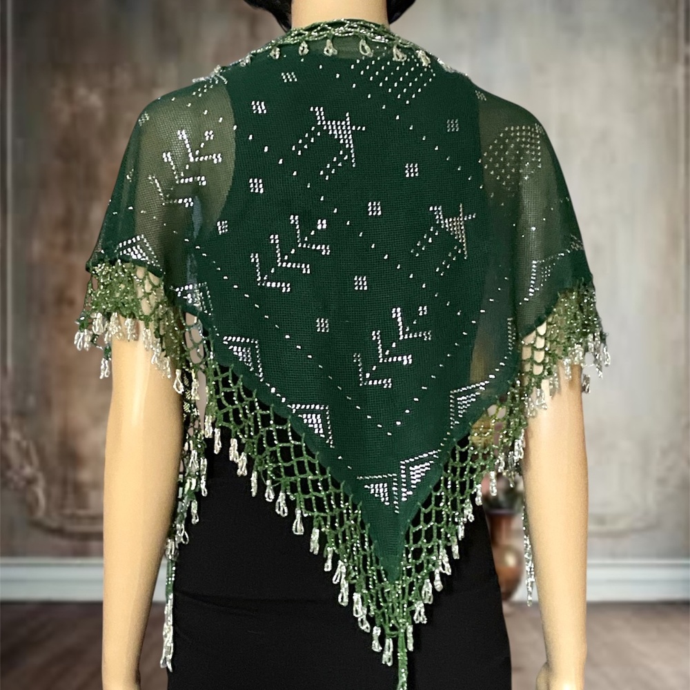 Dark Green Egyptian Assuit Hipscarf /Scarf with bright SILVER beads